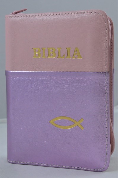 Biblie din piele, mica, roz pal/lila sidefat, fermoar, margini albe, simbolul peste, cuv. lui Isus in rosu [043 PF]