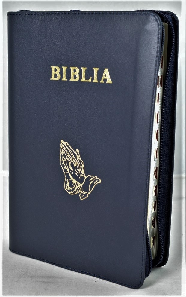 Biblie mare, piele, bleumarin inchis, fermoar, index, margini argintii, simbol maini in ruga, cuv. Isus cu rosu [SI 073 PFI]