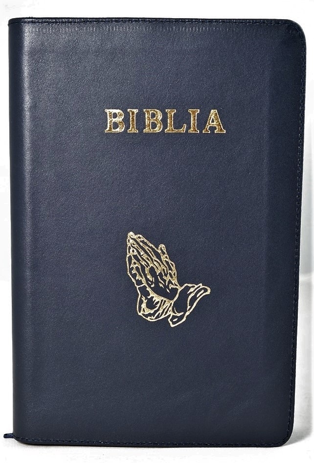 Biblia foarte mare, coperta piele, scris foarte mare, bleumarin, margini aurii ,cuvintele lui Isus cu rosu, harti, simbol maini, trad. Cornilescu [090 PF]