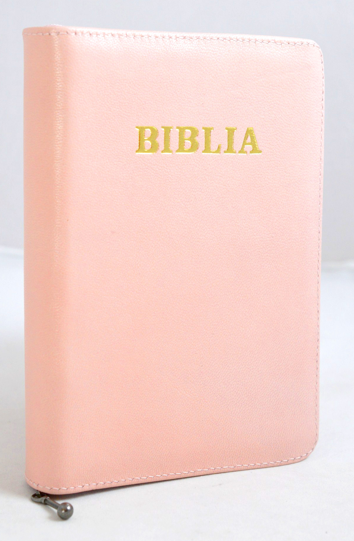 Biblie marime mica, din piele, culoare roz pal, fermoar [043 PF]