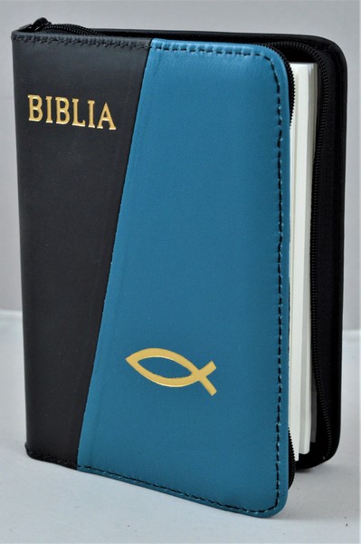 Biblie din piele, mica, negru/turcoaz, fermoar, margini albe, simbolul peste, cuv. lui Isus in rosu [043 PF]