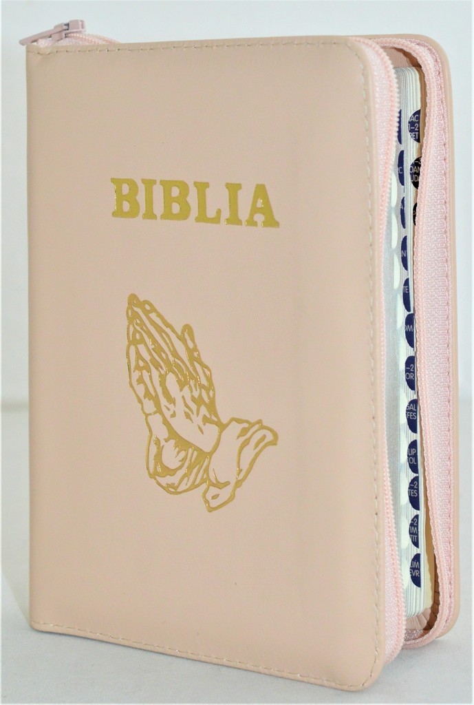 Biblia format mic, din piele, culoare roz capucin, index, fermoar, margini argintii, simbolul maini in ruga, cuv. lui Isus in rosu [047 PFI]