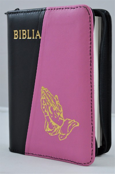 Biblie din piele, mica, negru/roz, fermoar, margini albe,simbol maini in ruga, cuv. lui Isus in rosu [043 PF]