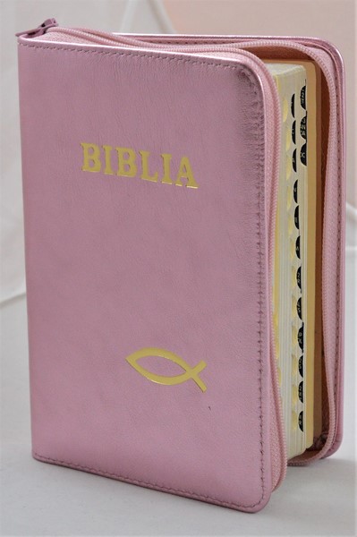 Biblia format mic, din piele, culoare roz sidefat, index, fermoar, margini argintii, simbolul peste, cuv. lui Isus in rosu [047 PFI]