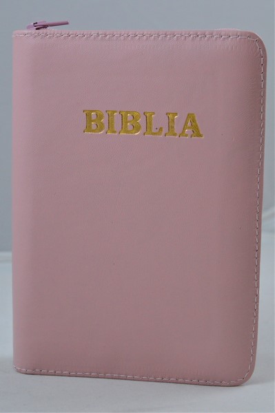Biblie din piele, mica, roz pal, fermoar, margini albe,cuv. lui Isus in rosu [043 PF]