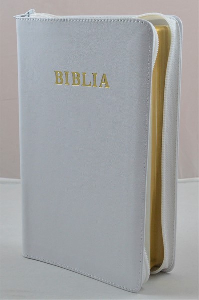 Biblia mare, din piele, culoare alba, fermoar, margini aurii, simbol - simpla, cuv. lui Isus in rosu [ SB 073 PFR]