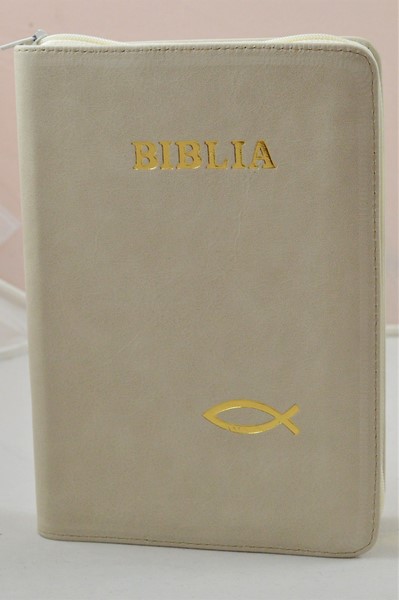 Biblie de lux, medie, din piele, bej, index, aurita, fermoar, simbolul peste [SI 057 PFI]