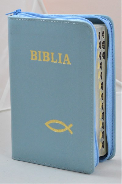 Biblia format mic, din piele, culoare albastru deschis, index, fermoar, margini argintii, simbolul peste, cuv. lui Isus in rosu [047 PFI]