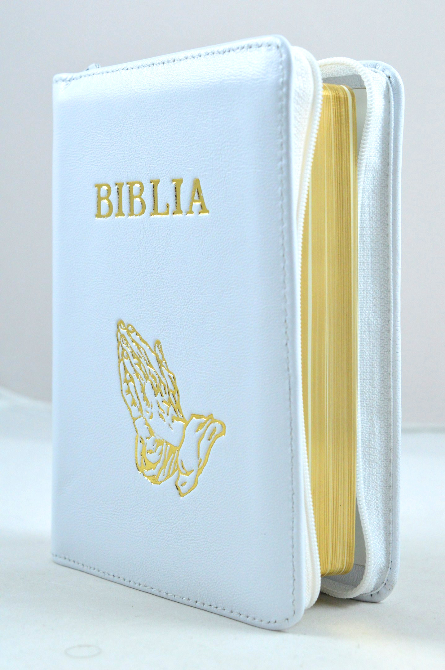 Biblie din piele, mica, alba, fermoar, aurita, cu maini, cuv. lui Isus in rosu [043 A]