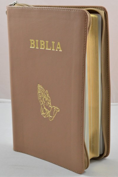 Biblia mare, din piele, culoare maro deschis, fermoar, margini aurii, simbol - maini in ruga, cuv. lui Isus in rosu [ SB 073 PFR]