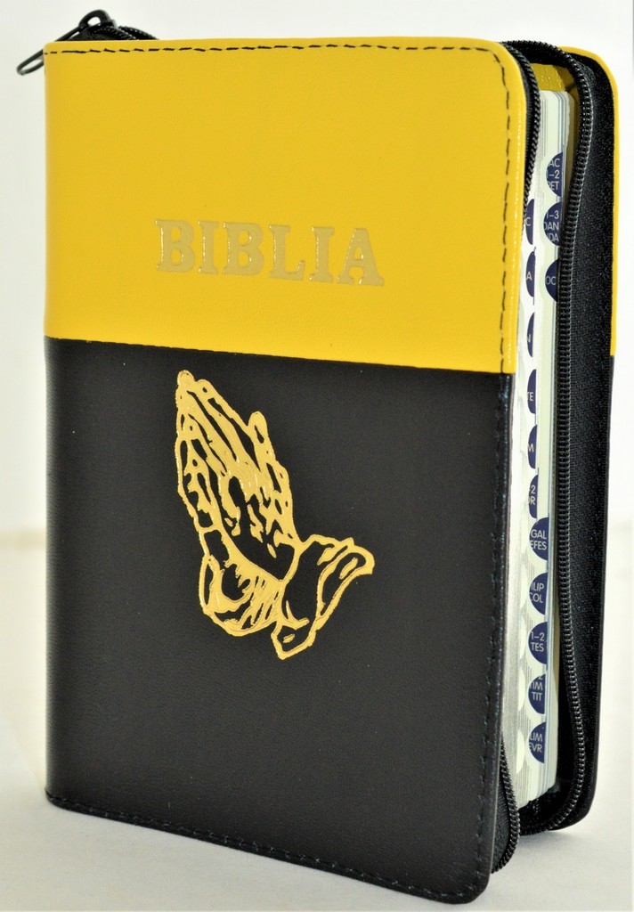 Biblia format mic, din piele, culoare galben cu negru, index, fermoar, margini argintii, simbolul maini in ruga, cuv. lui Isus in rosu [047 PFI]
