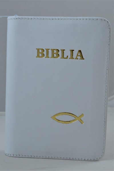 Biblie din piele, mica, ivory, fermoar, margini albe,simbolul peste, cuv. lui Isus in rosu [043 PF]