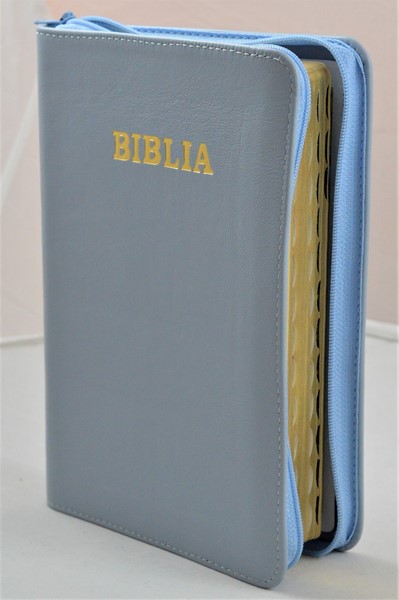 Biblie de lux, medie, din piele, albastru deschis, index, aurita, fermoar  [SI 057 PFI]