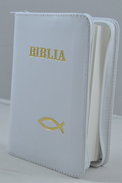 Biblie din piele, mica, alba, fermoar, margini albe,simbolul peste, cuv. lui Isus in rosu [043 PF]