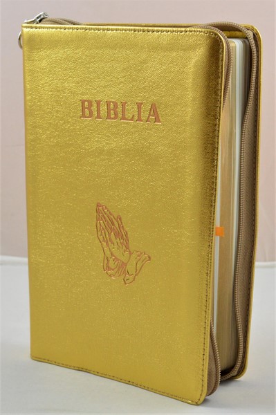 Biblia mare, din piele, culoare auriu sidefat, fermoar, margini aurii, simbol - maini in ruga, cuv. lui Isus in rosu [ SB 073 PFR]