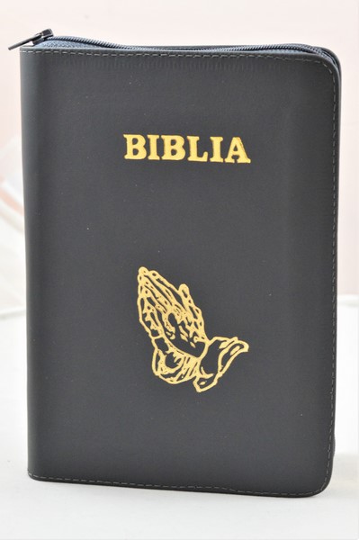 Biblie de lux, medie, din piele, gri inchis, index, aurita, fermoar, simbolul maini in ruga  [SI 057 PFI]