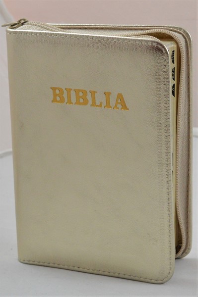 Biblia format mic, din piele, culoare auriu sidefat, index, fermoar, margini argintii, cuv. lui Isus in rosu [047 PFI]