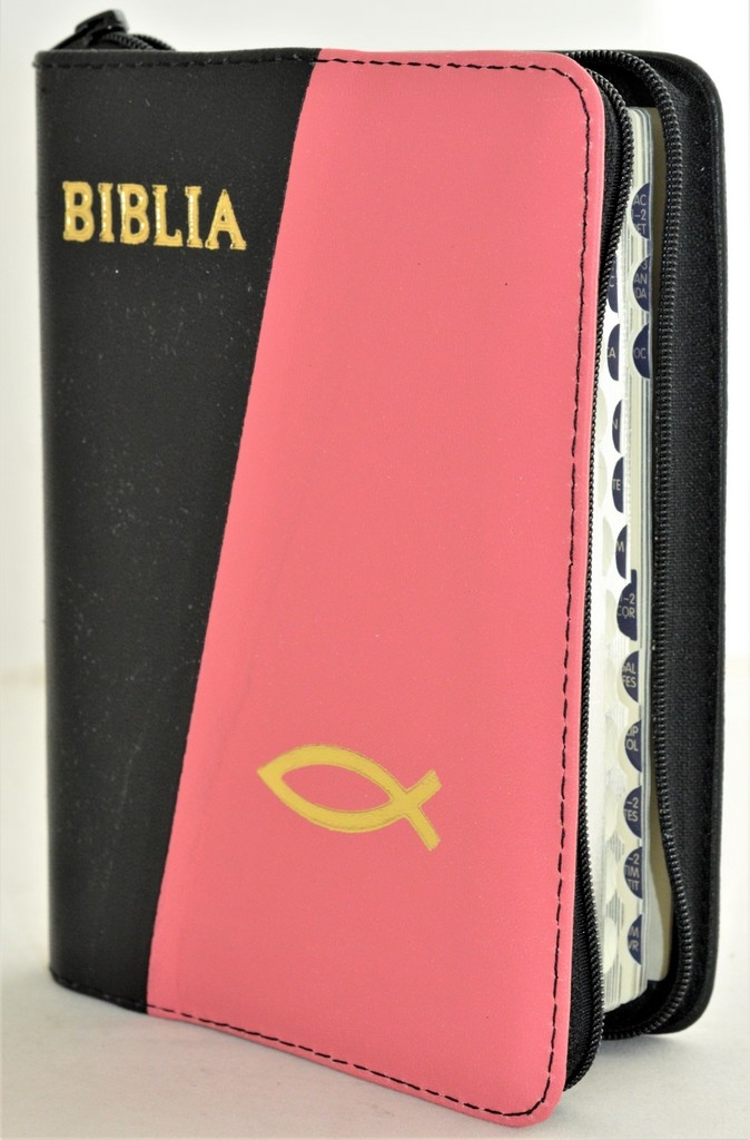 Biblia format mic, din piele, culoare negru / roz coral, index, fermoar, margini argintii, simbolul peste, cuv. lui Isus in rosu [047 PFI]
