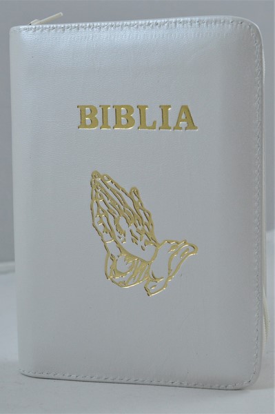 Biblie din piele, mica, ivory, fermoar, margini albe,simbol maini in ruga, cuv. lui Isus in rosu [043 PF]