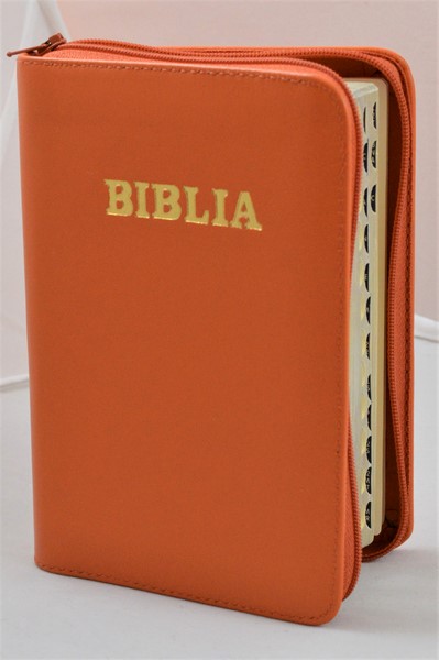Biblia format mic, din piele, culoare portocalie, index, fermoar, margini argintii, cuv. lui Isus in rosu [047 PFI]