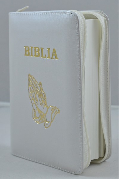 Biblie din piele, mica, alba, fermoar, margini albe,simbol maini in ruga, cuv. lui Isus in rosu [043 PF]
