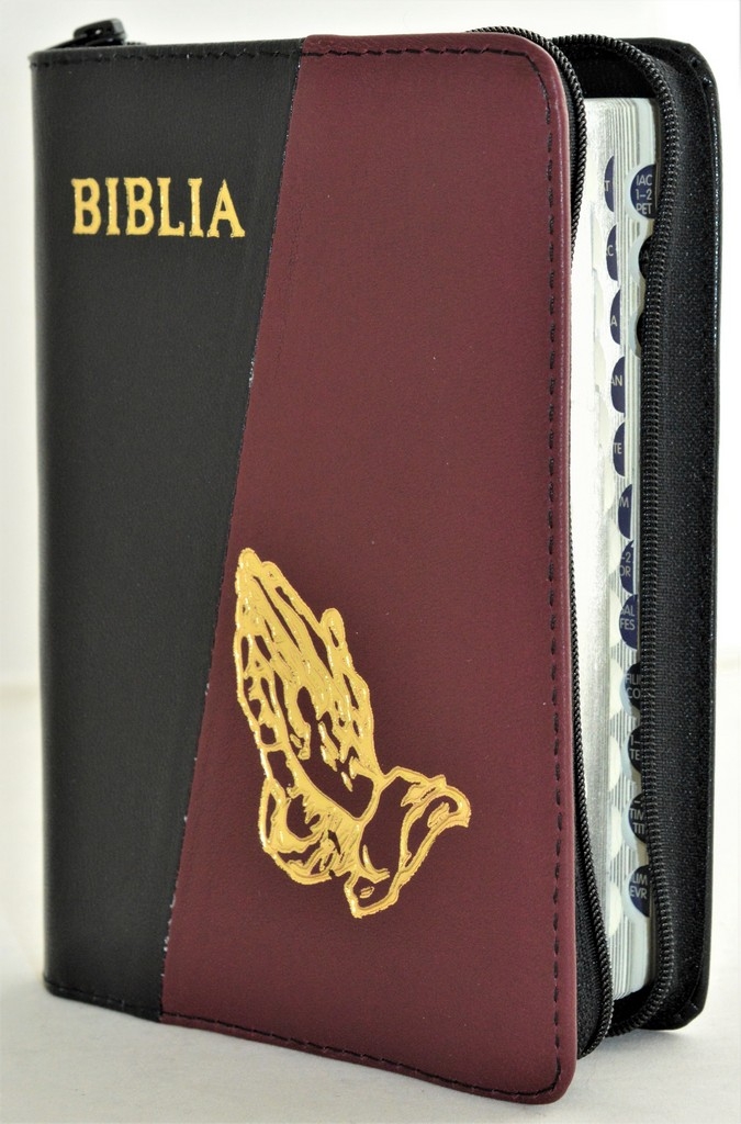 Biblia format mic, din piele, culoare negru / visiniu, index, fermoar, margini argintii, simbolul maini in ruga, cuv. lui Isus in rosu [047 PFI]