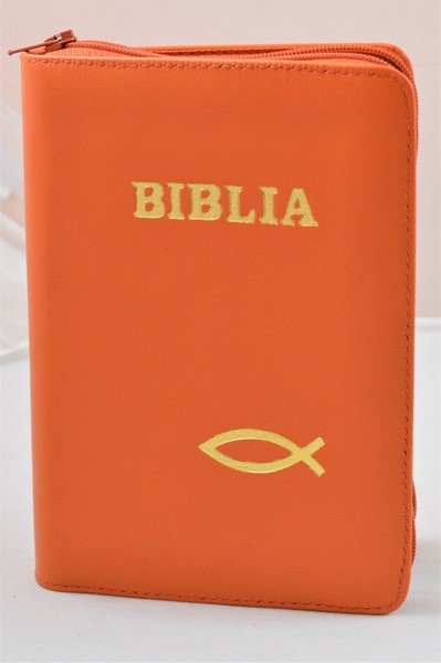 Biblia format mic, din piele, culoare portocalie, index, fermoar, margini argintii, simbolul peste, cuv. lui Isus in rosu [047 PFI]