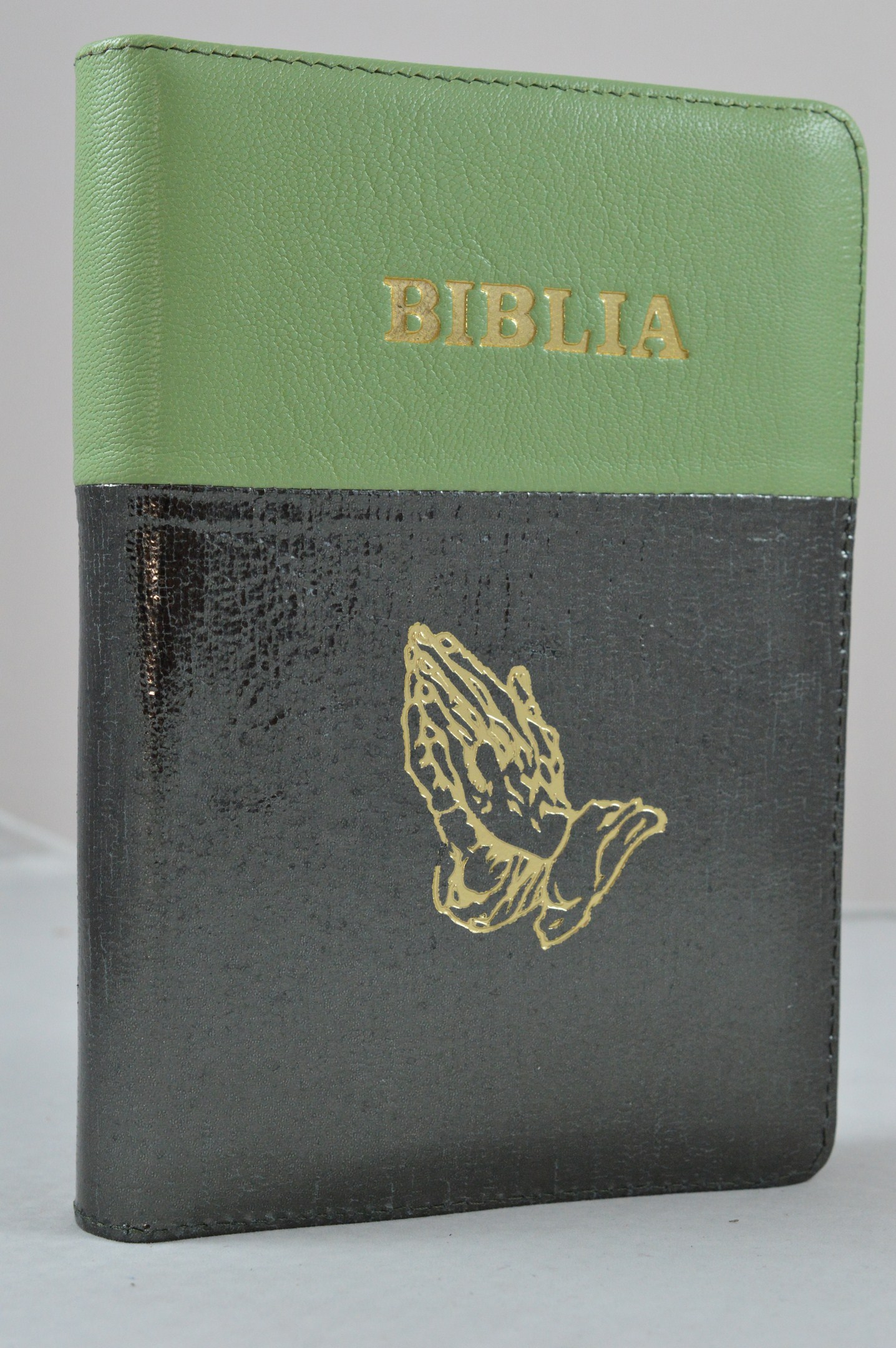 Biblia din piele, marime medie, gri inchis metalizat cu verde deschis, fermoar, simbol maini in ruga, cuv. lui Isus cu rosu [053]