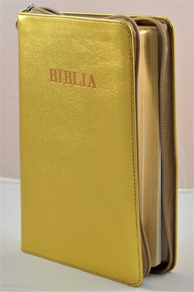 Biblia mare, din piele, culoare auriu sidefat, fermoar, margini aurii, simbol - simpla, cuv. lui Isus in rosu [ SB 073 PFR]