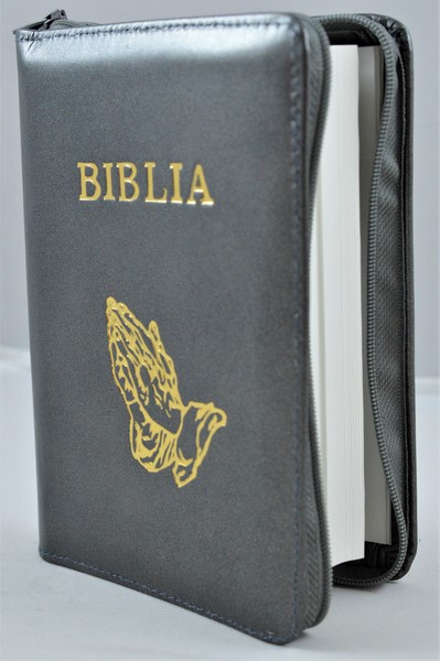 Biblie din piele, mica, gri metalizat, fermoar, margini albe,simbol maini in ruga, cuv. lui Isus in rosu [043 PF]