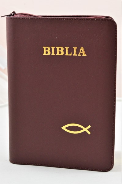 Biblie de lux, medie, din piele, visinie, index, aurita, fermoar, simbolul peste [SI 057 PFI]