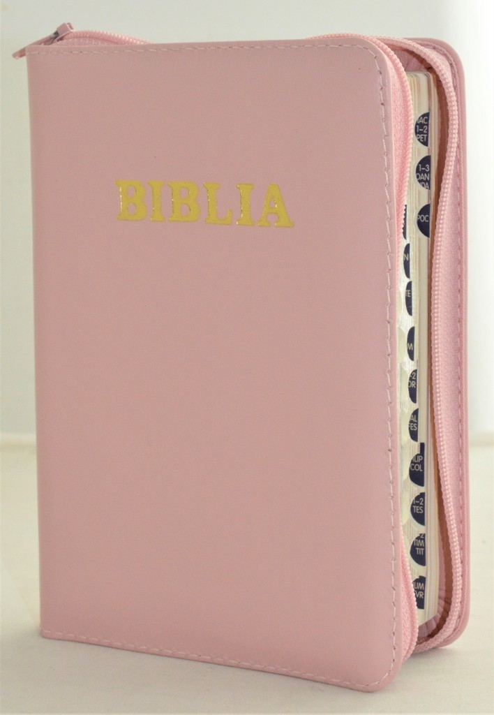 Biblia format mic, din piele, culoare roz deschis, index, fermoar, margini argintii, cuv. lui Isus in rosu [047 PFI]