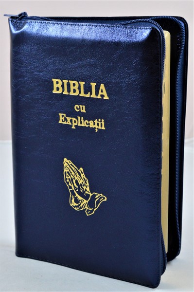 Biblia cu explicatii + concordanta biblica, piele naturala, bleumarin sidefat, fermoar, index, aurita, cuv. lui Isus cu rosu, simbol maini [CO 77 PFI]
