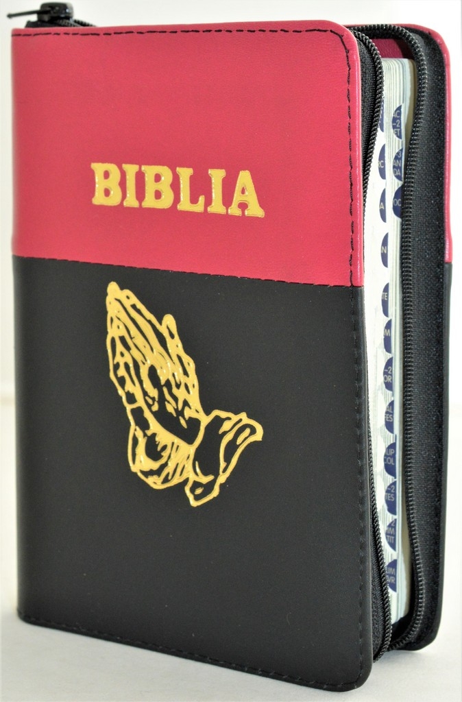 Biblia format mic, din piele, culoare roz inchis cu negru, index, fermoar, margini argintii, simbolul maini in ruga, cuv. lui Isus in rosu [047 PFI]