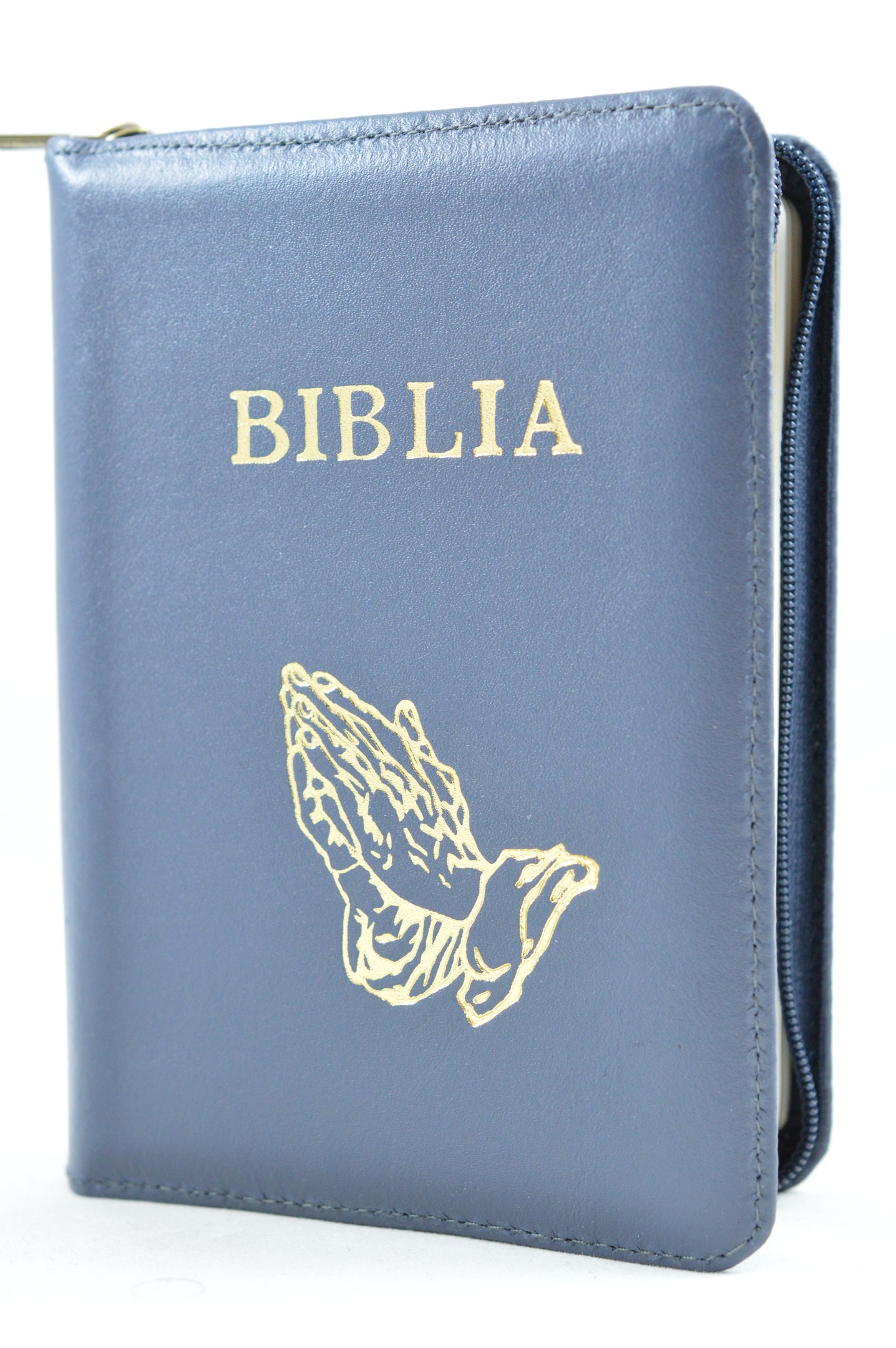 Biblie din piele, mica, bleumarin, fermoar, maini in ruga, aurita, cuv. lui Isus in rosu [043 A]