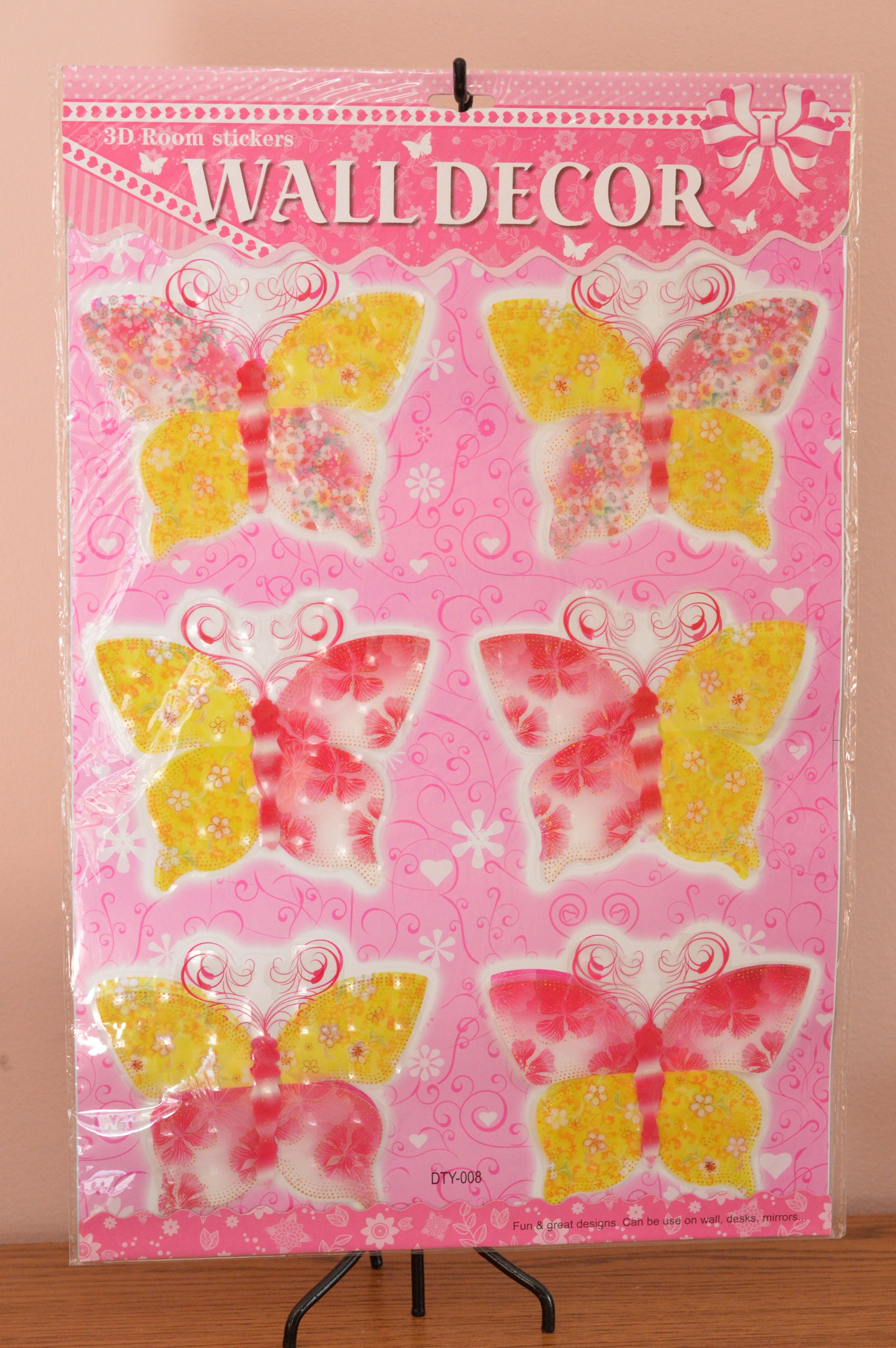 Fluturi decorativi 3D (set 6 buc) - model galben cu floricele