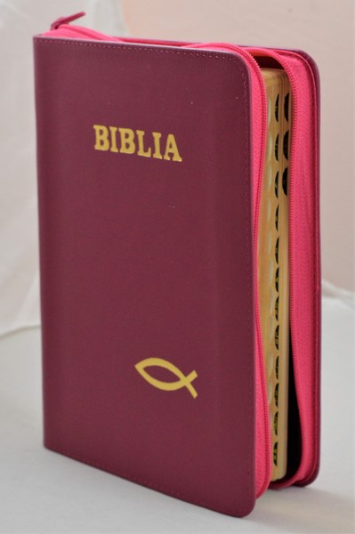 Biblie de lux, medie, din piele, roz inchis, index, aurita, fermoar, simbolul peste [SI 057 PFI]