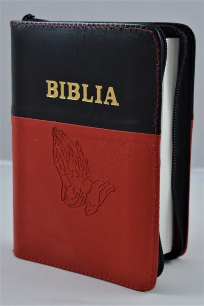 Biblie din piele, mica,negru/rosu, fermoar, margini albe,simbol maini in ruga, cuv. lui Isus in rosu [043 PF]