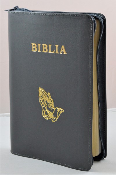 Biblia mare, din piele, culoare gri, fermoar, margini aurii, simbol - maini in ruga, cuv. lui Isus in rosu [ SB 073 PFR]