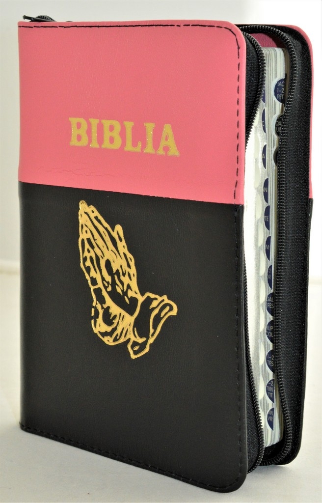 Biblia format mic, din piele, culoare roz coral cu negru, index, fermoar, margini argintii, simbolul maini in ruga, cuv. lui Isus in rosu [047 PFI]