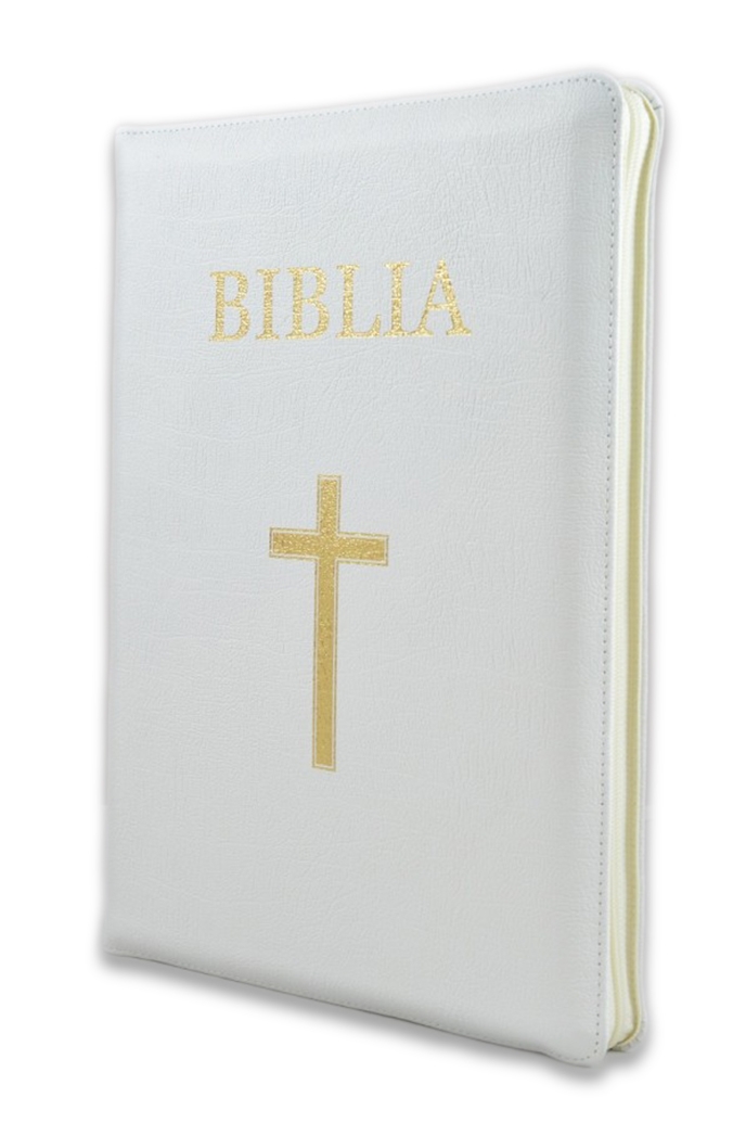 Biblia mica, din piele, alba, margini aurii, cu index, fermoar, cu cruce [043 PFI]