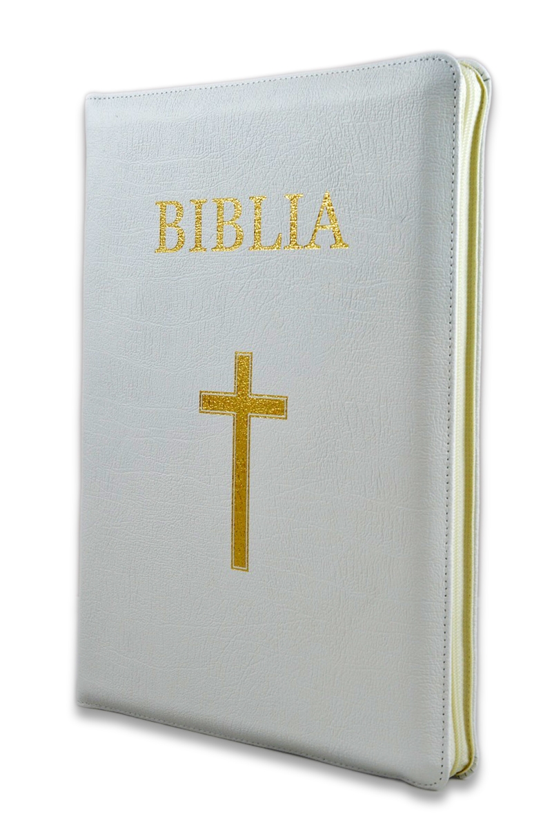 Biblie din piele, alba, mare, cu fermoar, index, margini aurii, cruce [VS 073 PFI]