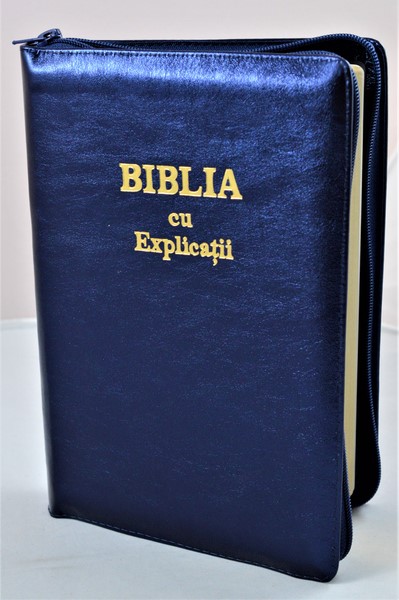 Biblia cu explicatii + concordanta biblica, piele naturala, bleumaren sidefat, fermoar, index, aurita, cuv. lui Isus cu rosu, simbol simpla [CO 77 PFI]