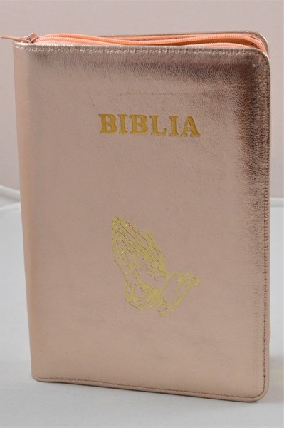 Biblie din piele, marime medie, roz coral sidefat, fermoar, margini albe, simbol maini in rugaciune, cuv. lui Isus cu rosu [053]