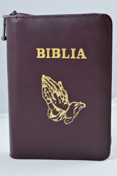 Biblie din piele, mica,visiniu inchis, fermoar, margini albe,simbol maini in ruga, cuv. lui Isus in rosu [043 PF]