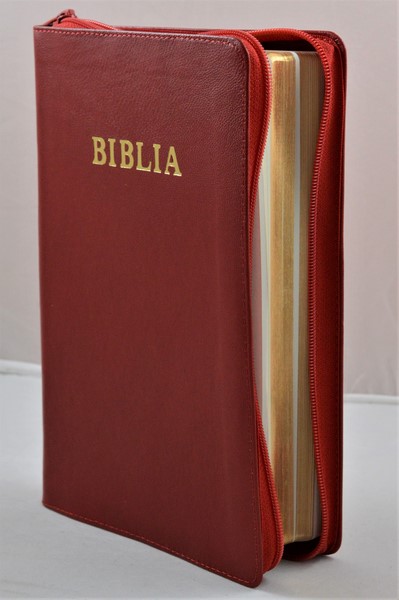 Biblia mare, din piele, culoare rosie, fermoar, margini aurii, simbol - simpla, cuv. lui Isus in rosu [ SB 073 PFR]