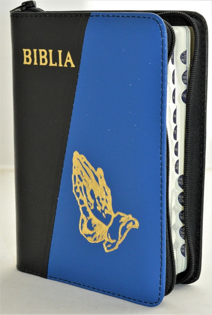 Biblia format mic, din piele, culoare negru / albastru, index, fermoar, margini argintii, simbolul maini in ruga, cuv. lui Isus in rosu [047 PFI]