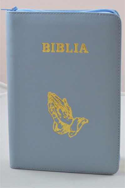 Biblia din piele, medie, albastru deschis, fermoar, aurita, simbolul maini in ruga, cuv. lui Isus cu rosu [052]