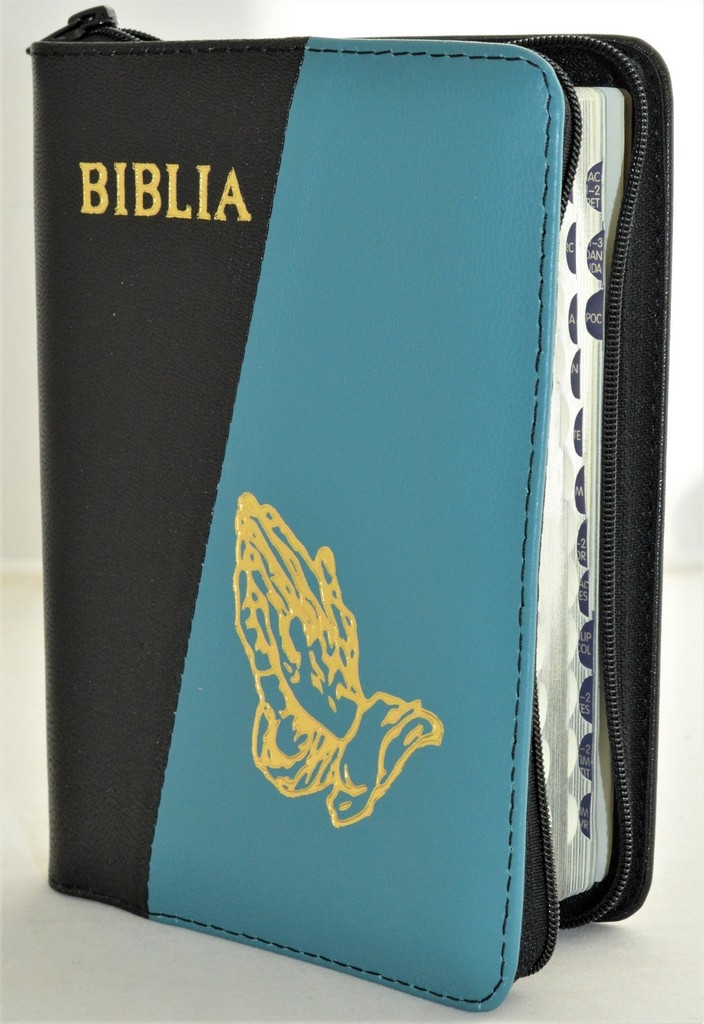 Biblia format mic, din piele, culoare negru / turcoaz, index, fermoar, margini argintii, simbolul maini in ruga, cuv. lui Isus in rosu [047 PFI]