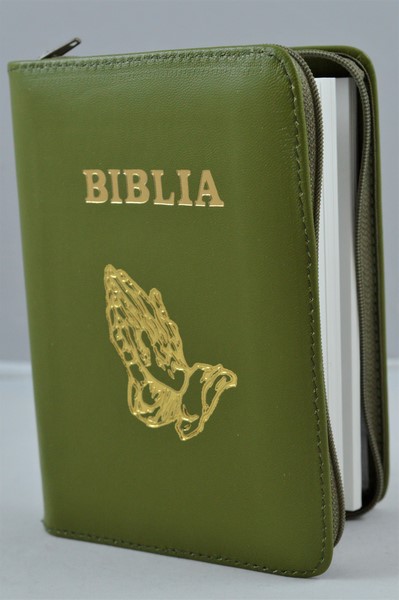 Biblie din piele, mica, verde, fermoar, margini albe,simbol maini in ruga, cuv. lui Isus in rosu [043 PF]